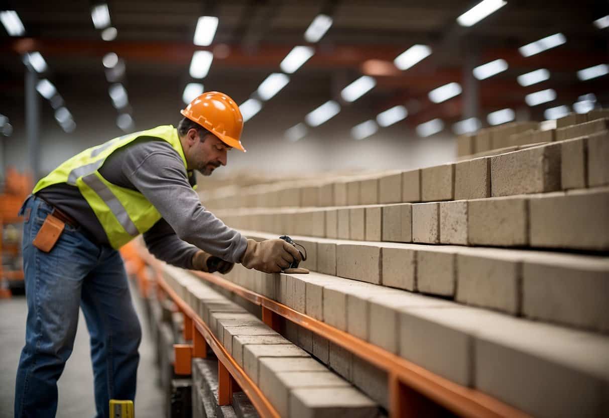 A worker installs retaining wall blocks at Home Depot, following maintenance and regulations